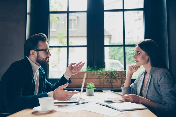 Two cheerful modern professional stylish classic people, partner — Stock Photo, Image