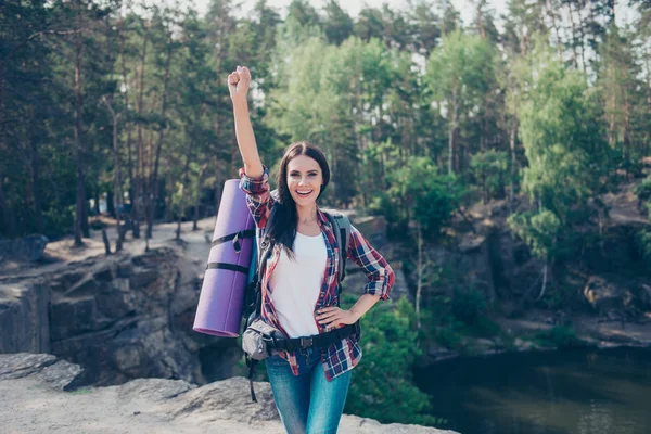 Eco tourism. Trendy stylish nice cheerful cute girl on vacation, — Stock Photo, Image