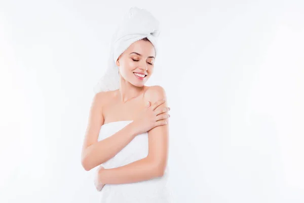 Portrait of charming sensual girl after shower with towel on hea — Stock Photo, Image