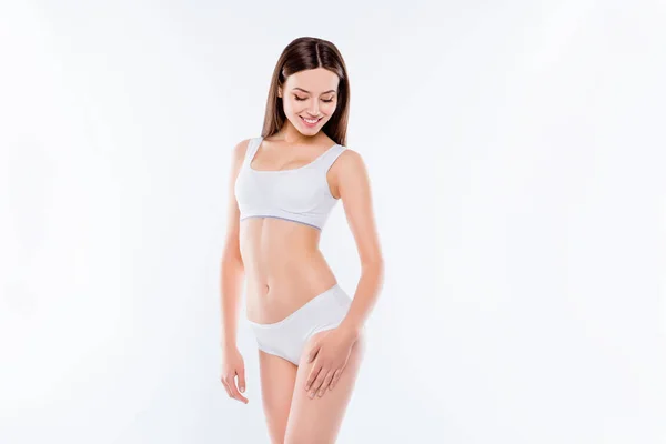 Portrait of thin sportive woman with perfect body in white cotto — Stock Photo, Image