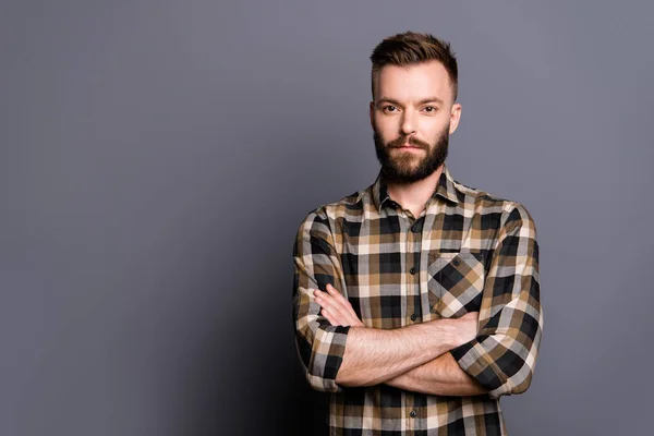 Strong, confident, strict man in casual checkered shirt cross ar — Stock Photo, Image