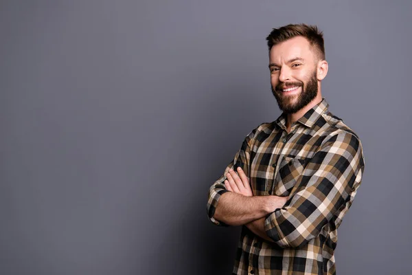 Profile side view photo of happy man with beaming toothy smile i — Stock Photo, Image