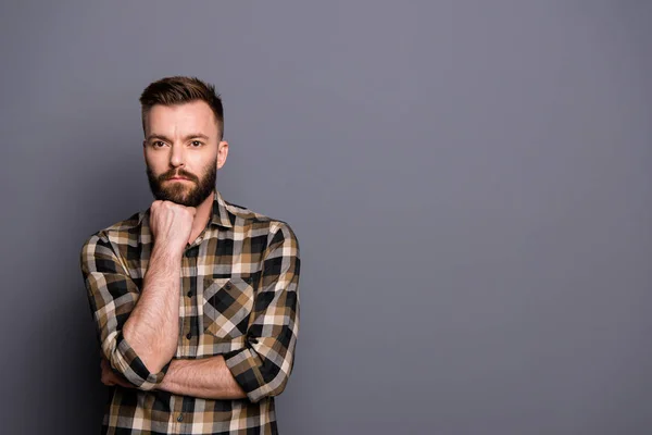 Young handsome brunet isolated on gray background with copy spac — Stock Photo, Image