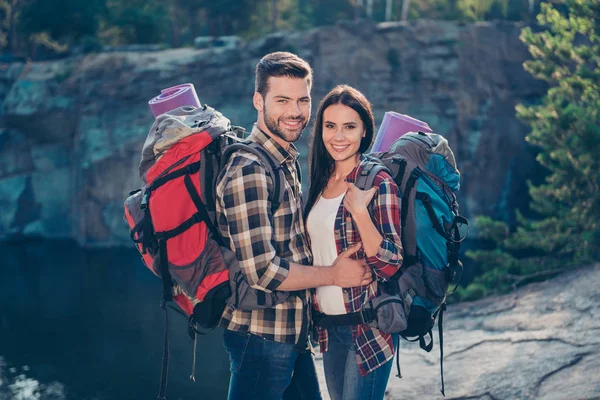 Nice lovely spouses backpacking, bearded husband and cute wife, — Stock Photo, Image