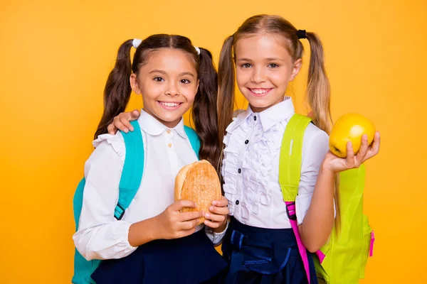 Concept of nutrition in school. Two cute, nice-looking, lovely, — Stock Photo, Image