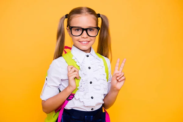 Klaar terug naar school-concept. Portret van lief blond meisje stan — Stockfoto