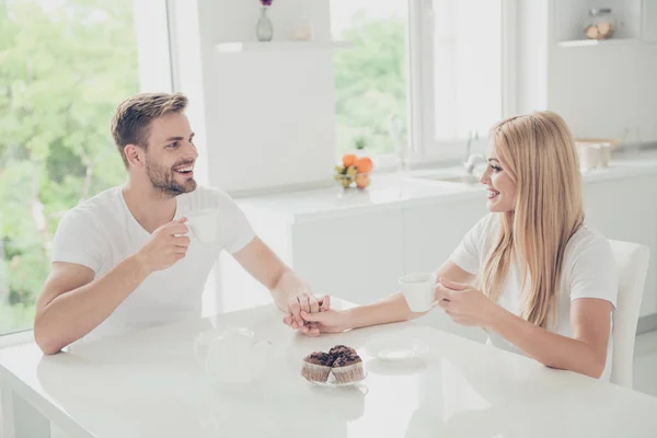 Profile side view of two cheerful tender nice charming adorable — Stock Photo, Image