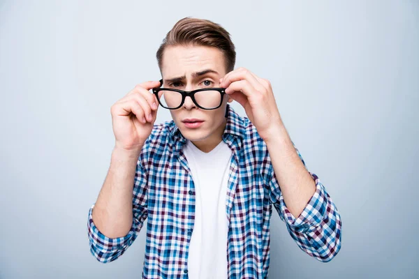 Close up portrait of curious teen man in street style wear narro — Stock Photo, Image