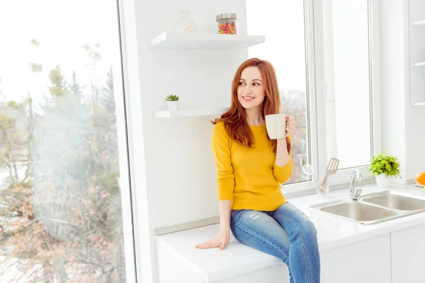 Free time concept. Gorgeous young lady in yellow sweater denim j — Stock Photo, Image