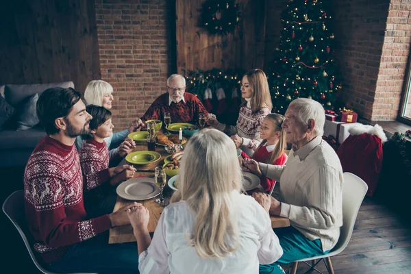 Noel family gathering, meeting. Grey-haired grandparents, grandd