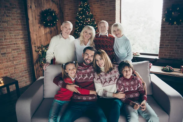 Portrait of cheerful glad full diverse family, noel gathering, m — Stock Photo, Image