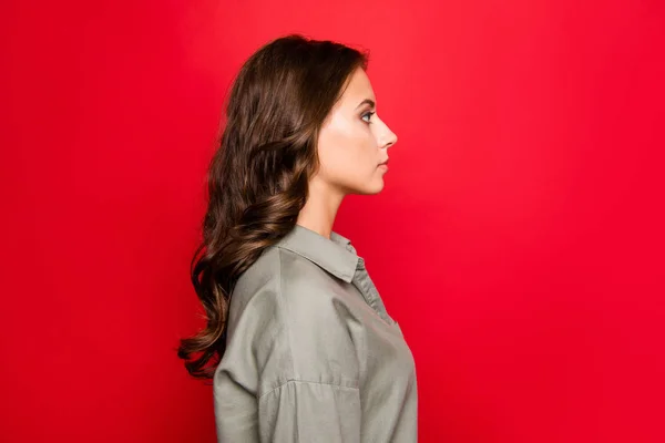 プロファイル側ビュー輝き赤背景に分離したブラウスを着て 焦点を当て かなりブルネットの女性像 — ストック写真