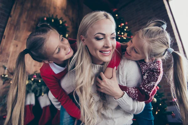 Low angle top view careless carefree glad blonde mama and two lo — Stock Photo, Image