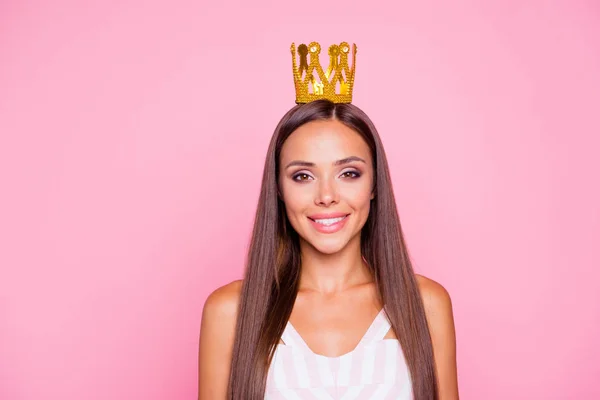 Cure attractive gorgeous lady person with beautiful tiara on head she isolated on vivid pink pastel background in her white striped wear look at camera make beaming toothy smile