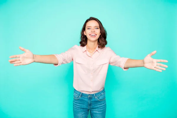 Come to me Wide enfold of nice cheerful optimistic girl wanting — Stock Photo, Image