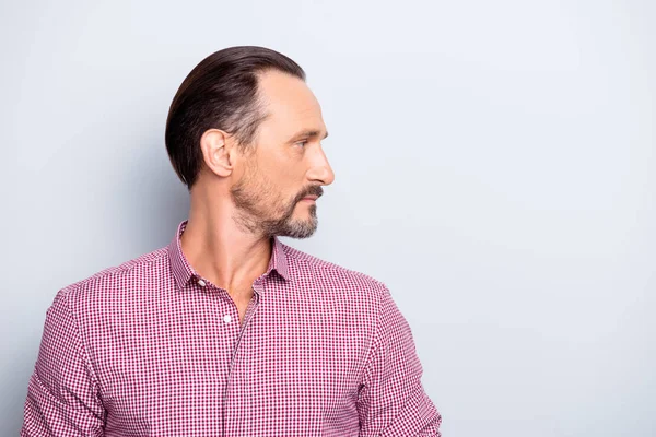 Close up portrait of gentleman look over shoulder turn head asid — Stock Photo, Image