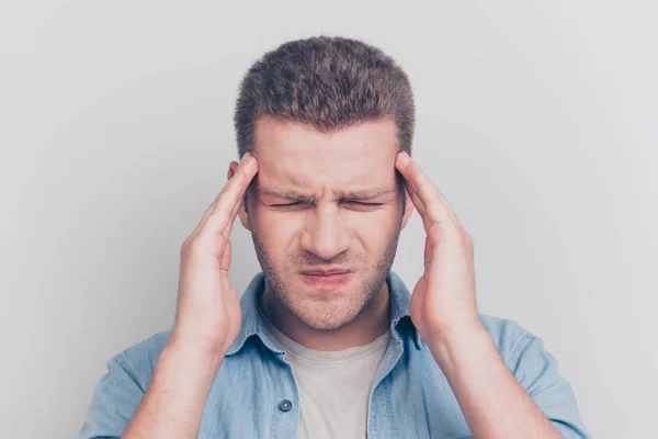 Close up portrait of frustrated bad feelings man with head ache — Stock Photo, Image