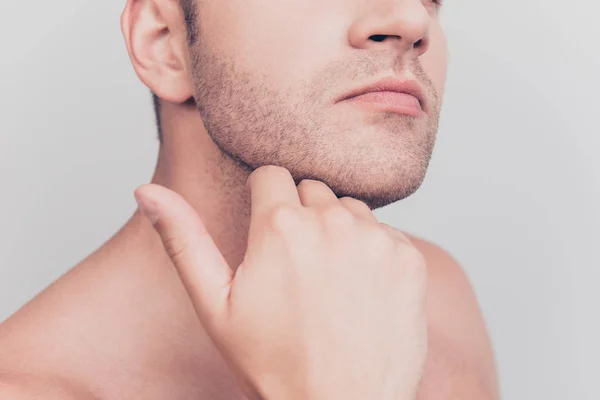 Close up cropped photo of half turned man stand isolated on ligh — Stock Photo, Image