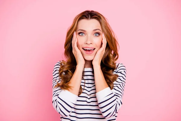 Close up portrait of cute sweet gorgeous nice lady in striped we — Stock Photo, Image