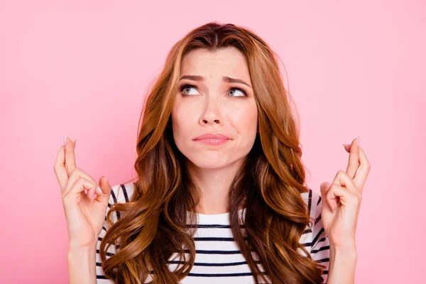 Upset frustration confused lady with her brunette wave modern ha — Stock Photo, Image