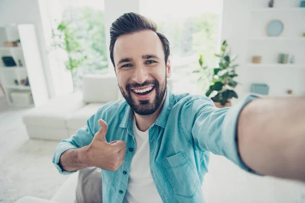 Careless carefree cheerful positive brunet hair man stand in lig — Stock Photo, Image