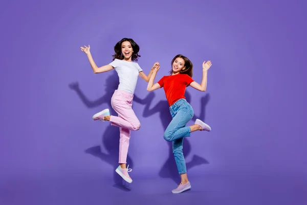 Full length body size portrait of two nice careless carefree fre — Stock Photo, Image