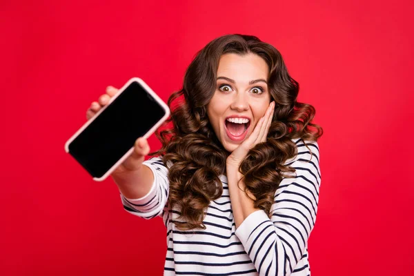 Retrato Cerca Agradable Loco Divertido Atractivo Sorprendido Aturdido Dama Pelo —  Fotos de Stock