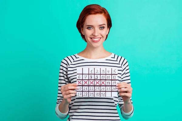 Cerca Retrato Atractiva Ella Señora Sosteniendo Calendario Las Manos Con —  Fotos de Stock