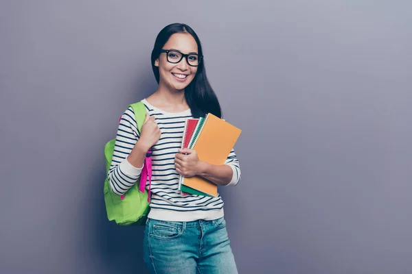 Volta Para Escola Retrato Agradável Atraente Alegre Senhora Cabelos Lisos — Fotografia de Stock