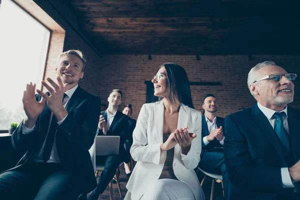 Close up photo of work people in end of business lecture lesson gathering applausing mentor presenter boss approve new strategy all weared in formal wear jackets shirts