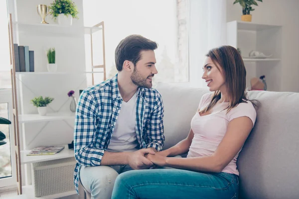 Profile side view portrait of two nice lovely winsome attractive — Stock Photo, Image