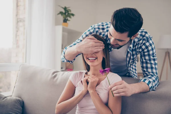 Portrait of two nice sweet attractive cheerful positive people m — Stock Photo, Image