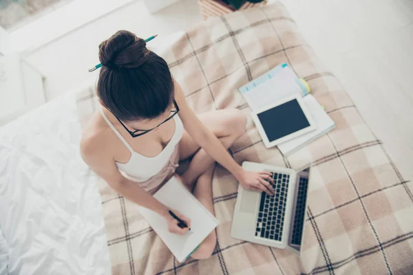 Top above high angle view of nice attractive lovely nude focused — Stock Photo, Image