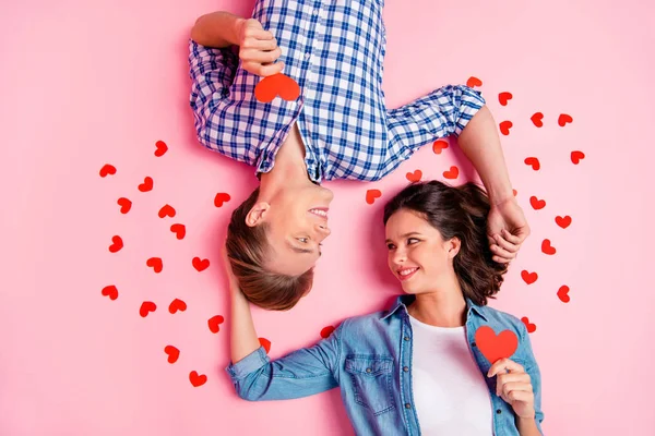 Close up high angle photo of pair in love he him his she her lad — Stock Photo, Image