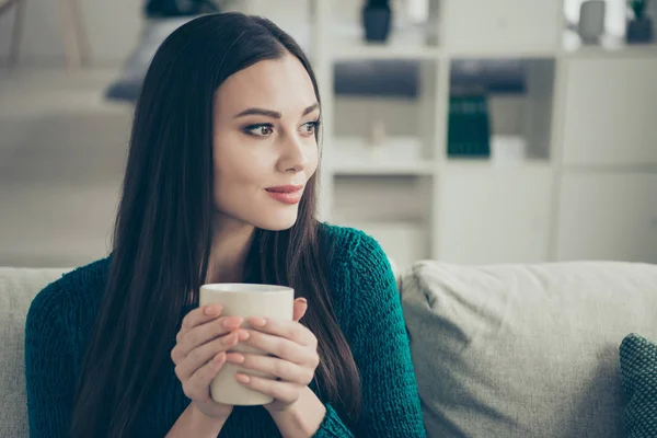 Calm day daydream person concept. Close-up photo portrait of pretty cute sweet lovely cheerful pondering pensive glad positive she her lady enjoying warm atmosphere — Stock Photo, Image