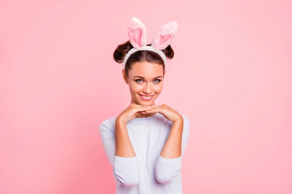 Portrait of nice cute lovely sweet attractive cheerful cheery positive funny funky girl wearing headband enjoying holiday isolated over pink pastel background — Stock Photo, Image