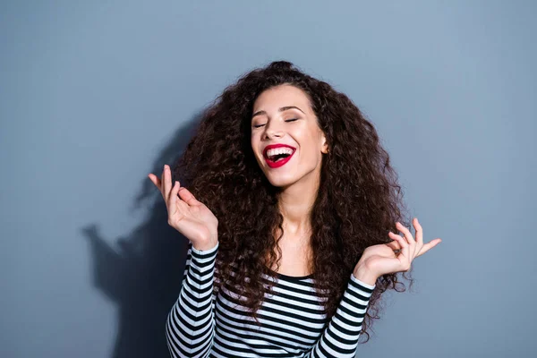 Portrait of her she nice cute adorable fascinating attractive feminine luxury cheerful cheery wavy-haired lady enjoying life isolated over gray pastel background — Stock Photo, Image