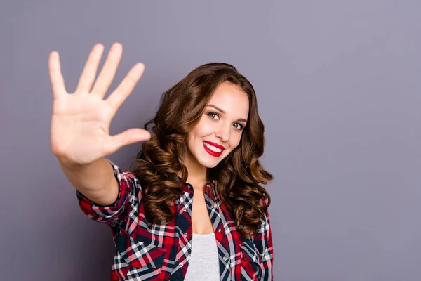 Close-up portrait of nice-looking cute attractive charming pretty cheerful cheery wavy-haired lady showing you high five good a-mark isolated over gray pastel purple background — Stock Photo, Image