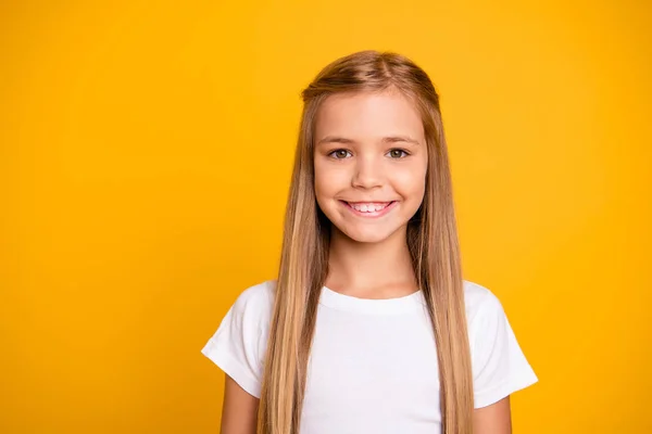 Close-up portrait of her she nice cute adorable attractive lovely pretty winsome sweet cheerful cheery straight-haired girl isolated over bright vivid shine yellow background — Stock Photo, Image