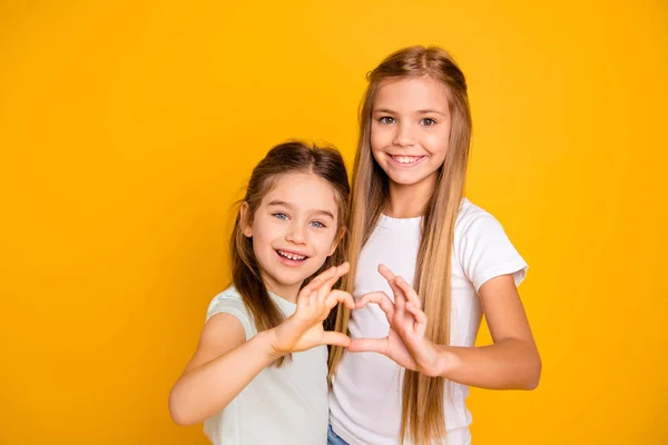 Portrait of two nice-looking adorable attractive lovely sweet cheerful positive pre-teen girls showing health care healthy heart isolated over bright vivid shine yellow background — Stock Photo, Image