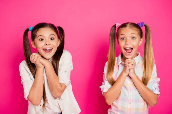 Fechar foto duas meninas pequena idade dedos cruzados gritar gritar preços baratos baixos escola aplica coisas vestindo jeans casuais jeans xadrez camisas isoladas rosa viva vibrante fundo — Fotografia de Stock