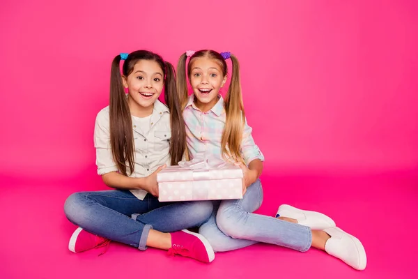 De cerca la foto de dos años de edad que sus niñas sosteniendo ambos brazos de las manos una gran caja de regalos mejores amigos sentarse ropa de piso pantalones vaqueros casuales a cuadros camisas a cuadros aislados rosa vibrante fondo vivo —  Fotos de Stock