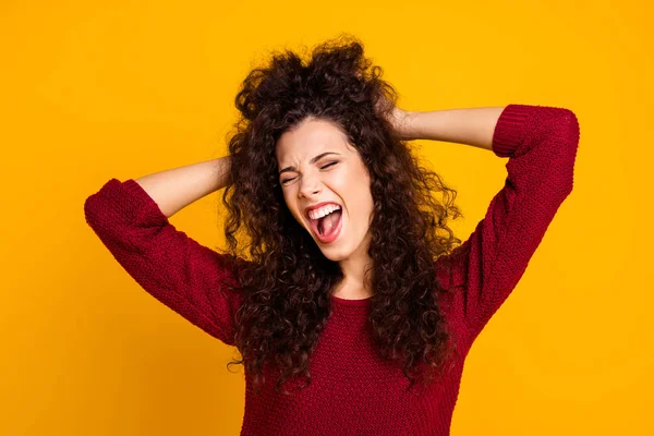 Close up photo amazing charming her she lady stretching after nap eyes closed saw beautiful dream arms in hair wearing red knitted sweater clothes outfit isolated yellow bright background — Stock Photo, Image