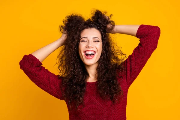 Close up photo amazing charming her she lady saw beautiful dream arms in hair glad to be alive summer coming wearing red knitted sweater clothes outfit isolated yellow bright background — Stock Photo, Image