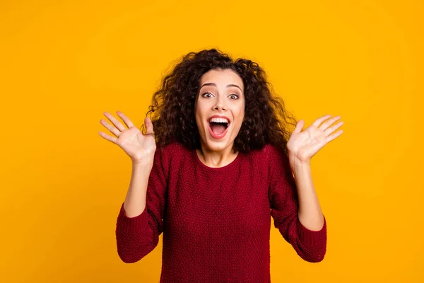 Close up photo amazing beautiful her she lady raised hands palms scream shout yell all possible just keep believe wearing red knitted sweater pullover clothes outfit isolated yellow background — Stock Photo, Image