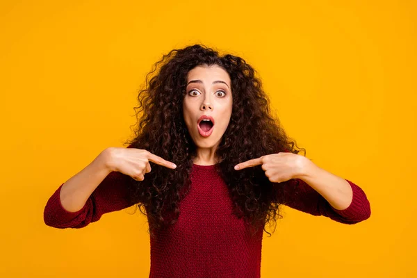 Close up photo amazing beautiful her lady oh no hands palms fingers point myself say I am not schuldig wearing red strick pullover clothes outfit isolated yellow background — Stockfoto