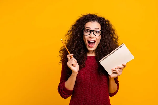 Retrato dela ela agradável bonito atraente alegre alegre espantado senhora de cabelos ondulados grande ideia artigo notícias acadêmico uma marca isolada sobre brilhante fundo brilho vívido — Fotografia de Stock