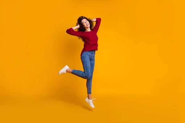 Full length body size view of her she nice lovely attractive cheerful cheery careless slim thin fit wavy-haired lady rejoice good sunny day isolated on bright vivid shine orange background — Stock Photo, Image
