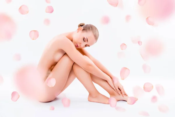 Side view photo pretty nude healthy beautiful she her woman ideal perfect clean flawless skin closed eyes sitting floor hugging legs pampering isolated pink white background — Stock Photo, Image