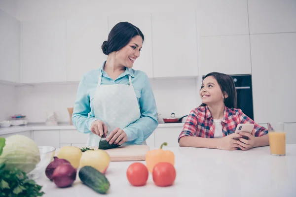 Portret van twee leuke schattige zoete mooie lief winsome aantrekkelijke vrolijke vrolijke positieve mensen moeder maken lunch gezonde levensstijl in lichte witte keuken interieur binnenshuis — Stockfoto